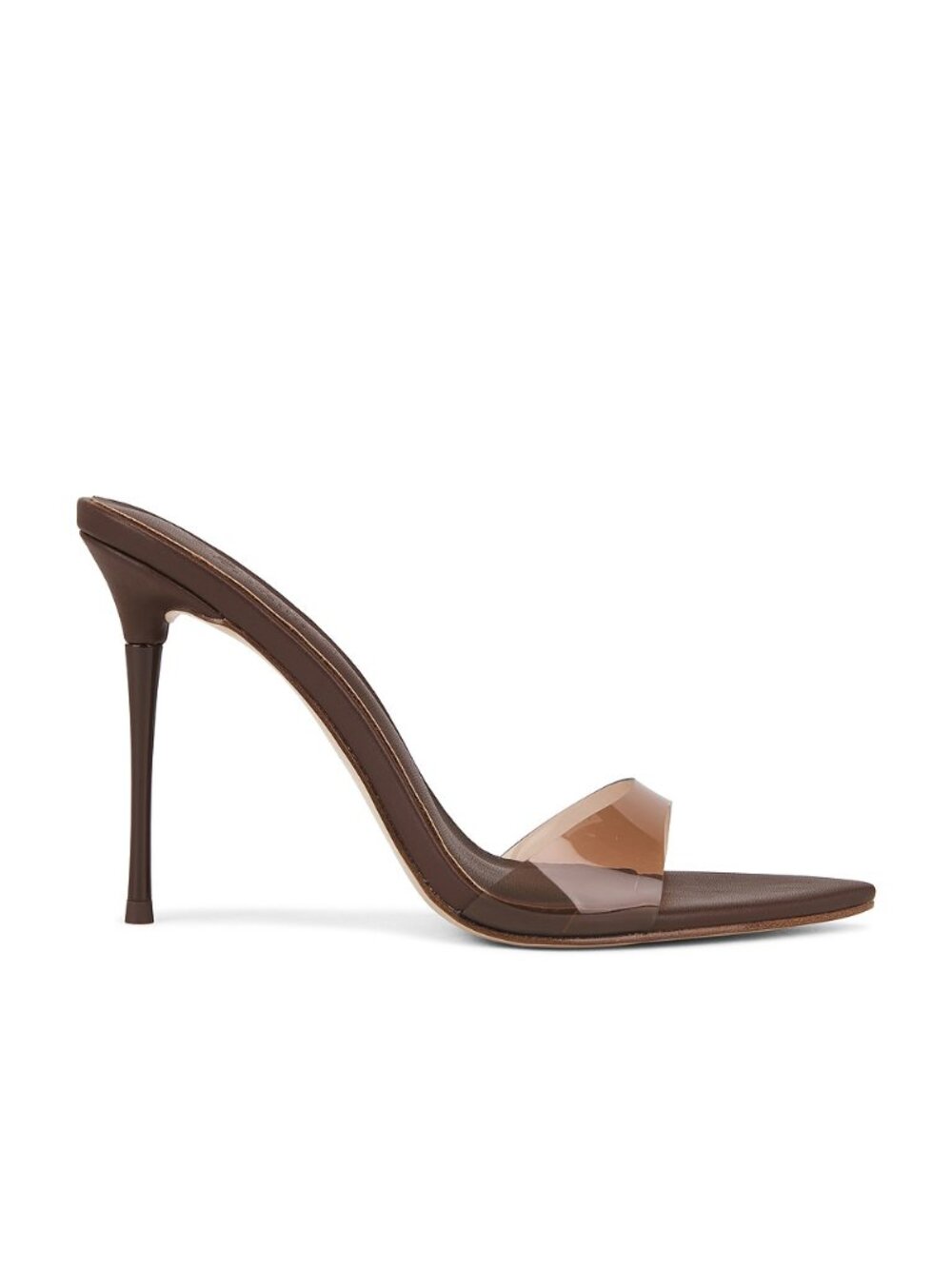 Femme LA azucar slipper in midnight mocha brown leather high heel stiletto clear